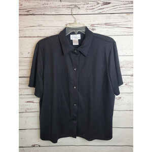 Susan Graver Button Down Shirt Black Side Slit Short Sleeve Women's Plus Size 1X